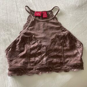 Lacy High Neck Bralette. The color is in the purple family. Soft Heather shade.